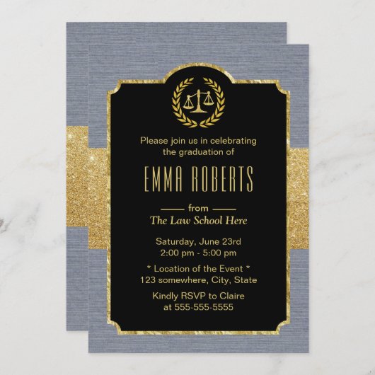 ロースクール卒業式ダスティエレガントブルー弁護士 招待状 (正面/裏面)