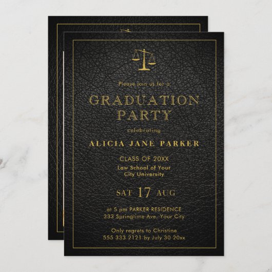 ロースクール卒業後の黒い金ゴールド写真エレガント 招待状 (正面/裏面)