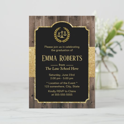 ロースクール卒業木材エレガント金ゴールド弁護士 招待状 (スタンド正面)