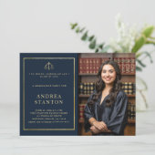 ロースクール卒業金ゴールドフレーム写真モダン海軍 招待状 (スタンド正面)