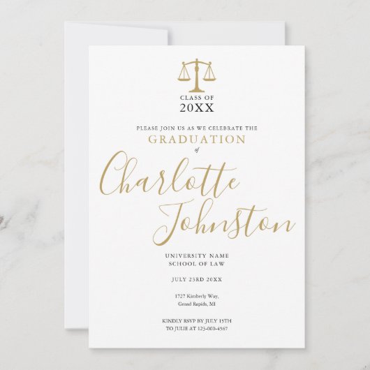 ロースクール金ゴールド台本写真卒業パーティー 招待状 (正面)