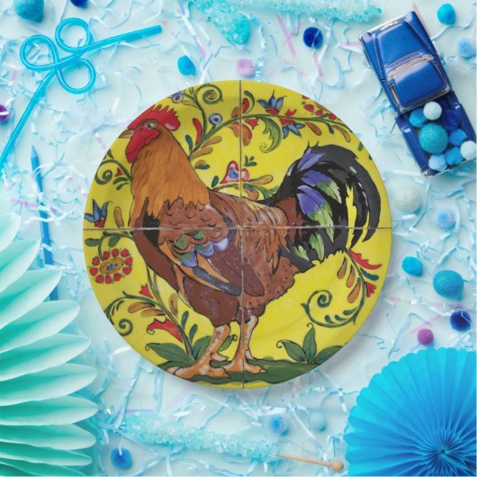 ロースターイエローフローラタイルフォークアートカントリー ペーパープレート (パーティー)