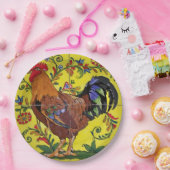 ロースターイエローフローラタイルフォークアートカントリー ペーパープレート (パーティー)