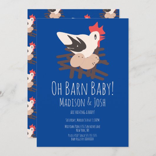 ロースターバーンドアニマルズファームベビーシャワーアートブルー 招待状 (正面/裏面)