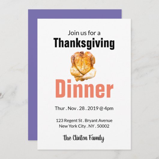 ローストターキー、感謝祭ディナー 招待状 (正面/裏面)