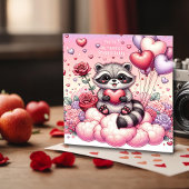 ローズとハートのラクーン バレンタインカード シーズンカード