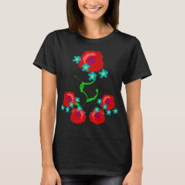 ローズとベイビーブルーアイズの花を飾ったLBD Tシャツ