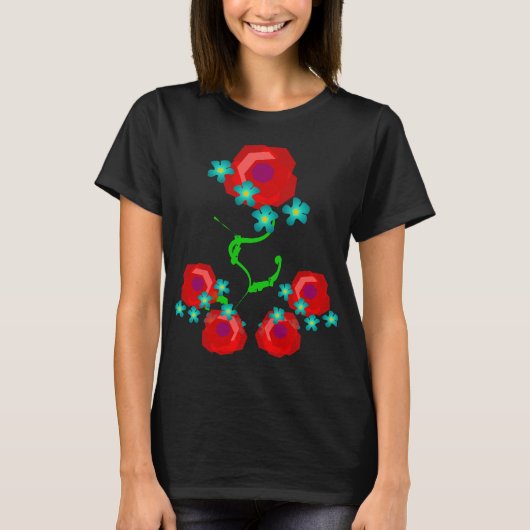 ローズとベイビーブルーアイズの花を飾ったLBD Tシャツ (正面)