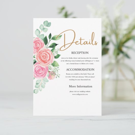 ローズとユーカリのウェディング詳細カード エンクロージャーカード (スタンド正面)