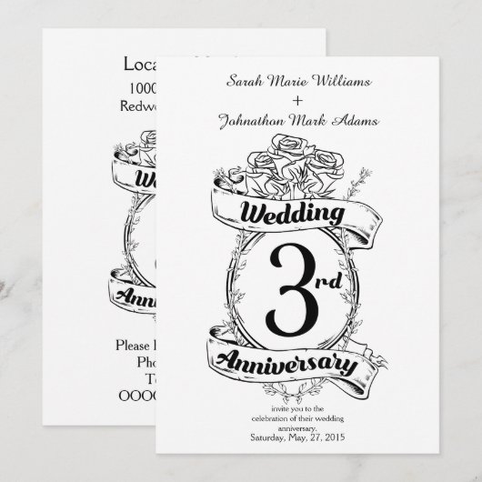 ローズとヴァインズ ロマンティック 3周年記念 結婚記念日 招待状 (正面/裏面)