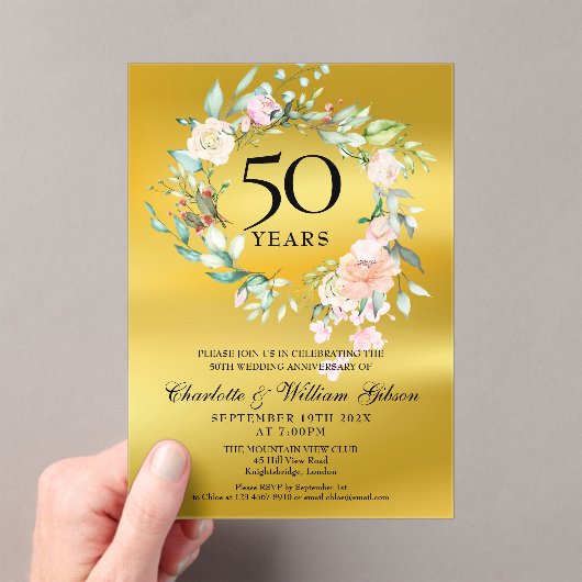 ローズのガーランド ゴールド フォイル 50周年 結婚記念日 アクリル招待状 (インサイチュ (ポータブル))
