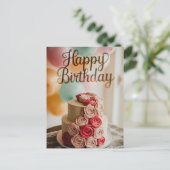 ローズのバタクリームが飾られた2段の誕生日ケーキ ポストカード (スタンド正面)