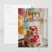 ローズのバタクリームが飾られた2段の誕生日ケーキ ポストカード (正面/裏面)