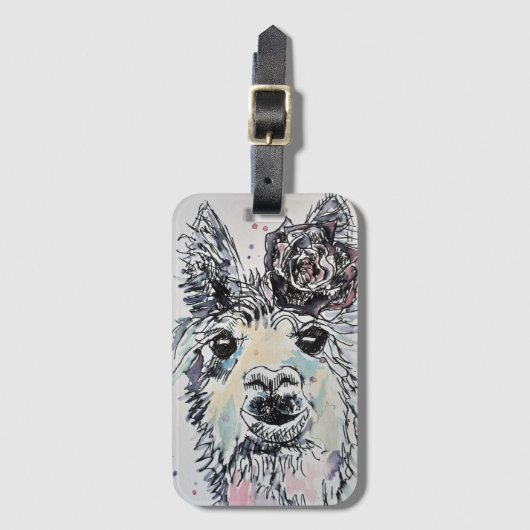 ローズの水彩画がかわいいラマの luggage tag ラゲッジタグ (正面縦)