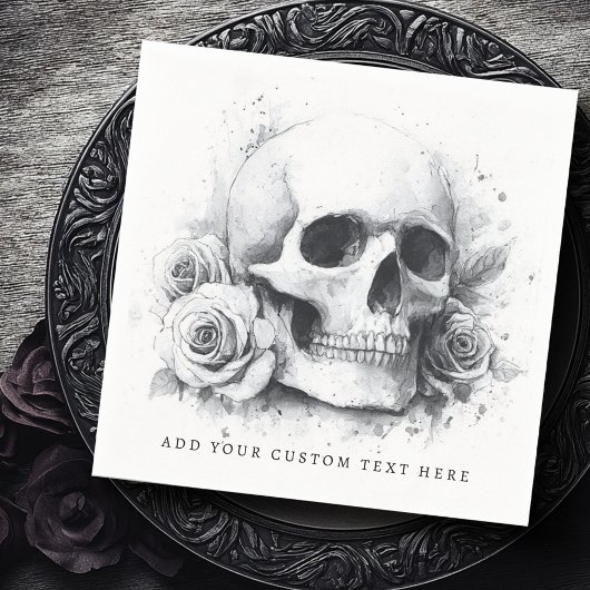 ローズの水彩画のドクロ スタンダードカクテルナプキン