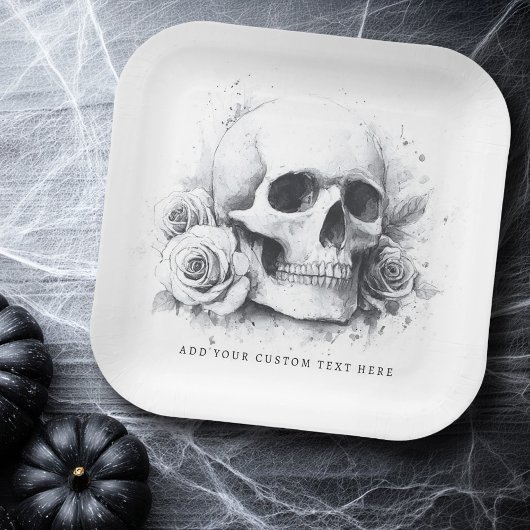 ローズの水彩画のドクロ ペーパープレート