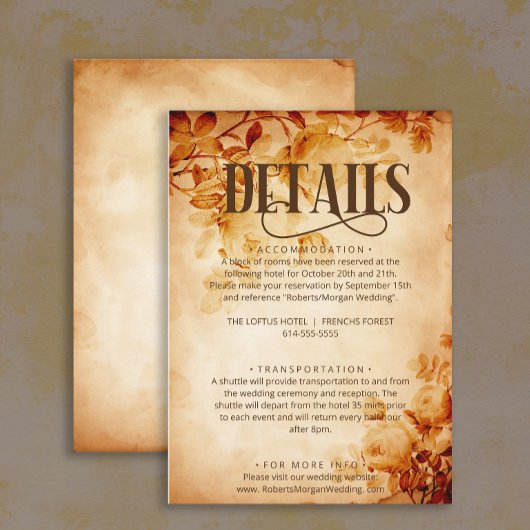 ローズの結婚式の詳細が入ったヴィンテージの古い羊皮紙 エンクロージャーカード