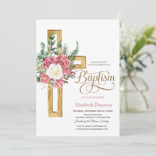 ローズの花クロス・ドット洗礼 招待状 (スタンド正面)