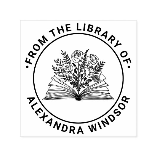 ローズの花束とオープンな本の名前ライブラリーブック セルフインキングスタンプ (デザイン)