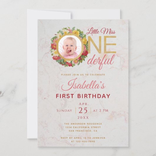 ローズの花輪のミス・ワンダフルフォト　ファーストバースデー 招待状 (正面)