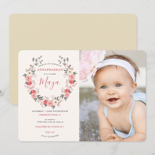 ローズの花輪を使った初めての食事の儀式 招待状 (正面/裏面)