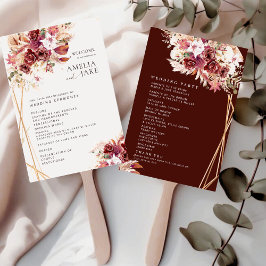 ローズウッドとゴールドのフラワーモチーフの結婚式プログラムファン ハンドファン