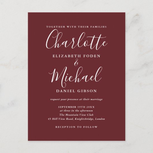 ローズウッドエレガントピモダンック結婚スクリプト インビテーションポストカード (正面)