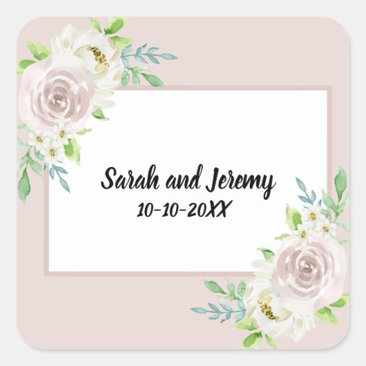 ローズウッドソフトマウヴフローラウォーターカラーバラ結婚ズ スクエアシール (正面)