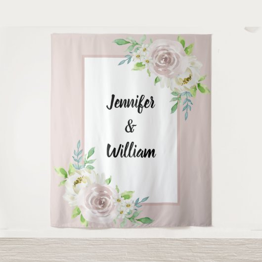 ローズウッド ソフト マウブ 花水彩 ローズ ウェディング タペストリー (正面)