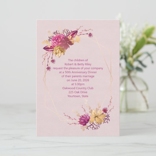 ローズカラーの花の周年記念ディナー 招待状 (スタンド正面)