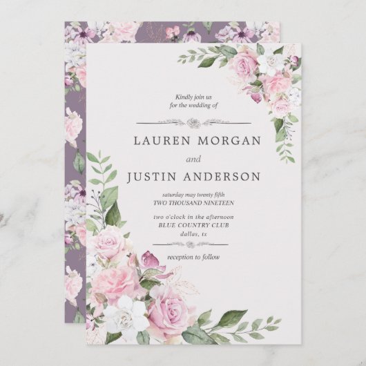 ローズガーデンのエレガントな花のウェディング招待状 招待状 (正面/裏面)