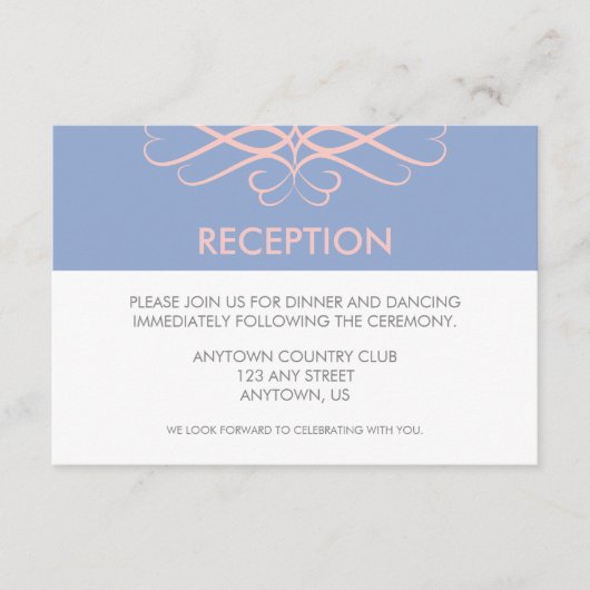 ローズクォーツとブルー、エレガントな装飾のウェディング エンクロージャーカード (正面)