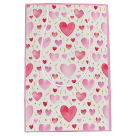 ローズクォーツのロマンス:水彩ハート&ゴールド ミディアムペーパーバッグ