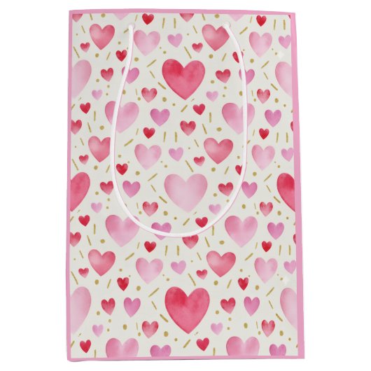 ローズクォーツのロマンス:水彩ハート&ゴールド ミディアムペーパーバッグ (正面)