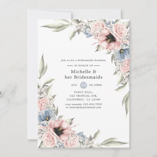 ローズクォーツ & セレニティ フラワーブライドメイドのランチョン 招待状 (正面)