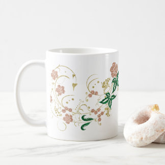 ローズゴールドとエメラルドグリーンのきらめく花柄 コーヒーマグカップ