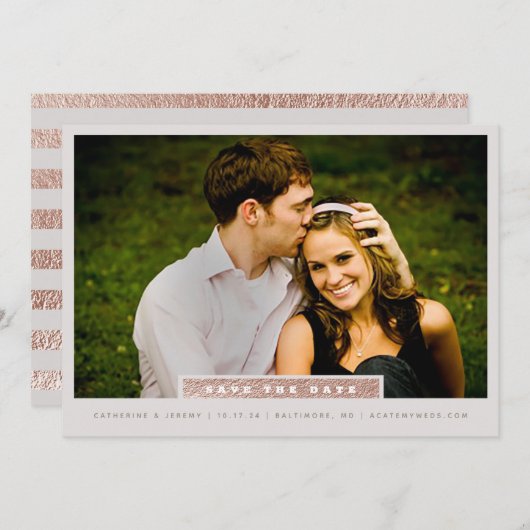 ローズゴールドとグレーのミニマルフォト セーブ・ザ・デート (正面/裏面)