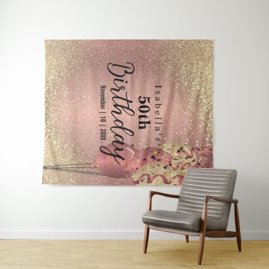 ローズゴールドとゴールドグリッターの誕生日 タペストリー (インサイチュ(横))