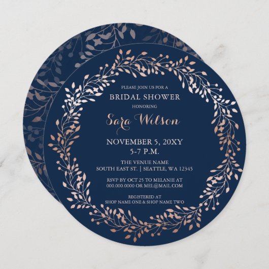 ローズゴールドとネイビーの花のブライダルシャワー招待状 招待状 (正面/裏面)