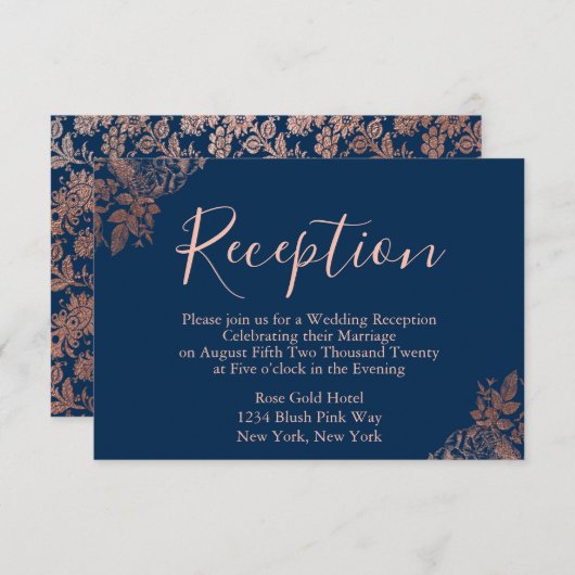 ローズゴールドとネイビーブルーの結婚式の披露宴 エンクロージャーカード (正面/裏面)