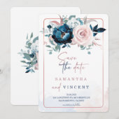 ローズゴールドとネイビーブルーのSave the Dateテンプレート 招待状 (正面/裏面)