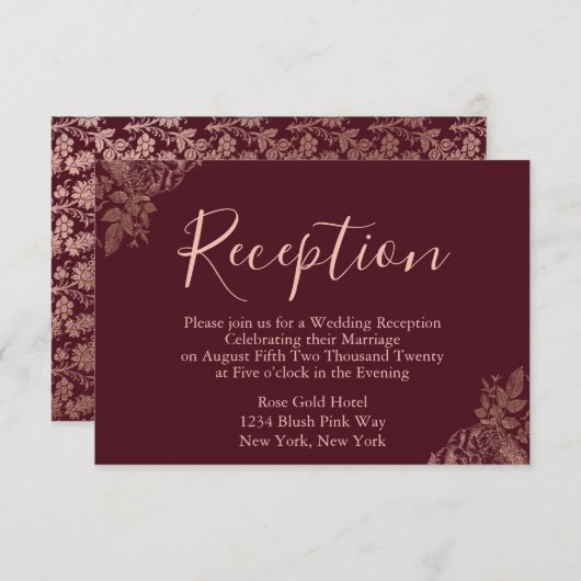ローズゴールドとバーガンディのウェディングレセプション エンクロージャーカード (正面/裏面)