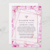 ローズゴールドとピンクの花柄幾何学模様の結婚式ゲスト 案内状 (正面/裏面)