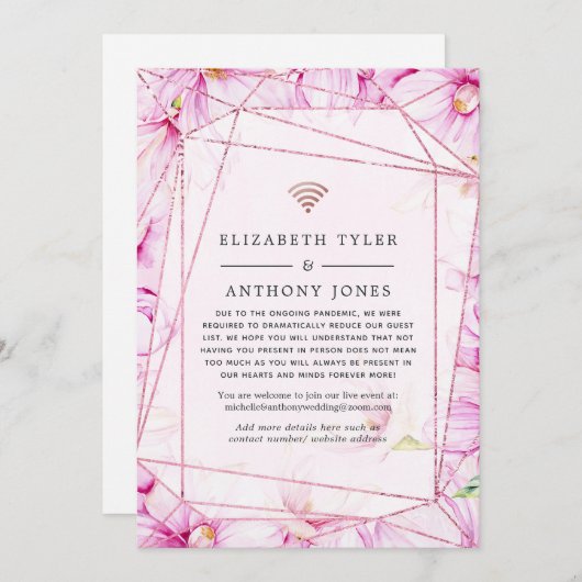 ローズゴールドとピンクの花柄幾何学模様の結婚式ゲスト 案内状 (正面/裏面)