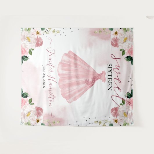 ローズゴールドとフラワーのブッシュピンクのスイート16の背景 タペストリー (正面(横))