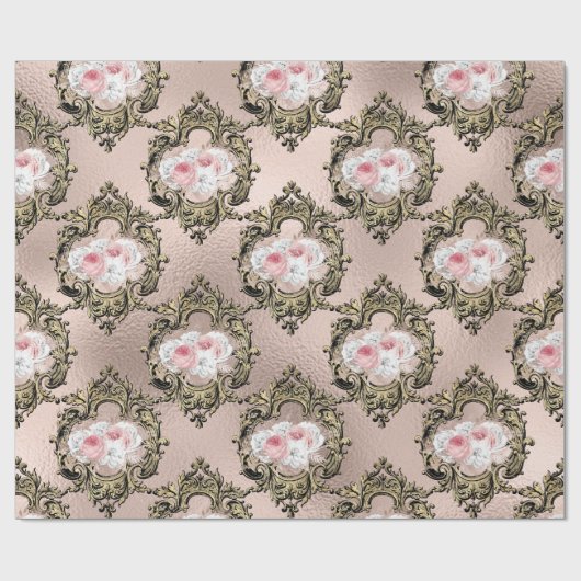 ローズゴールドとブッシュのアンティークフランスのバラ柄 ラッピングペーパー (フラット)