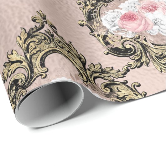 ローズゴールドとブッシュの古風なフランスのバラ模様 ラッピングペーパー (ロールコーナー)