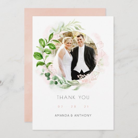 ローズゴールドとブッシュの幾何学グリーンウェディング サンキューカード (正面/裏面)