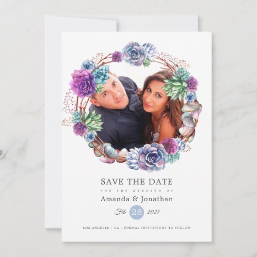 ローズゴールドとブッシュの幾何学的なウェディングフォト セーブザデート (正面)