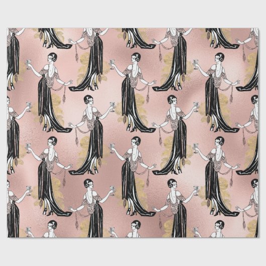 ローズゴールドとブッシュピンクのアートデコ ワイン ラッピングペーパー (フラット)